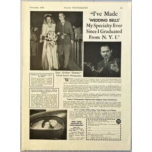 New York Institute of Photography "Wedding Bells Our Specialty"Vtg Print Ad 1943